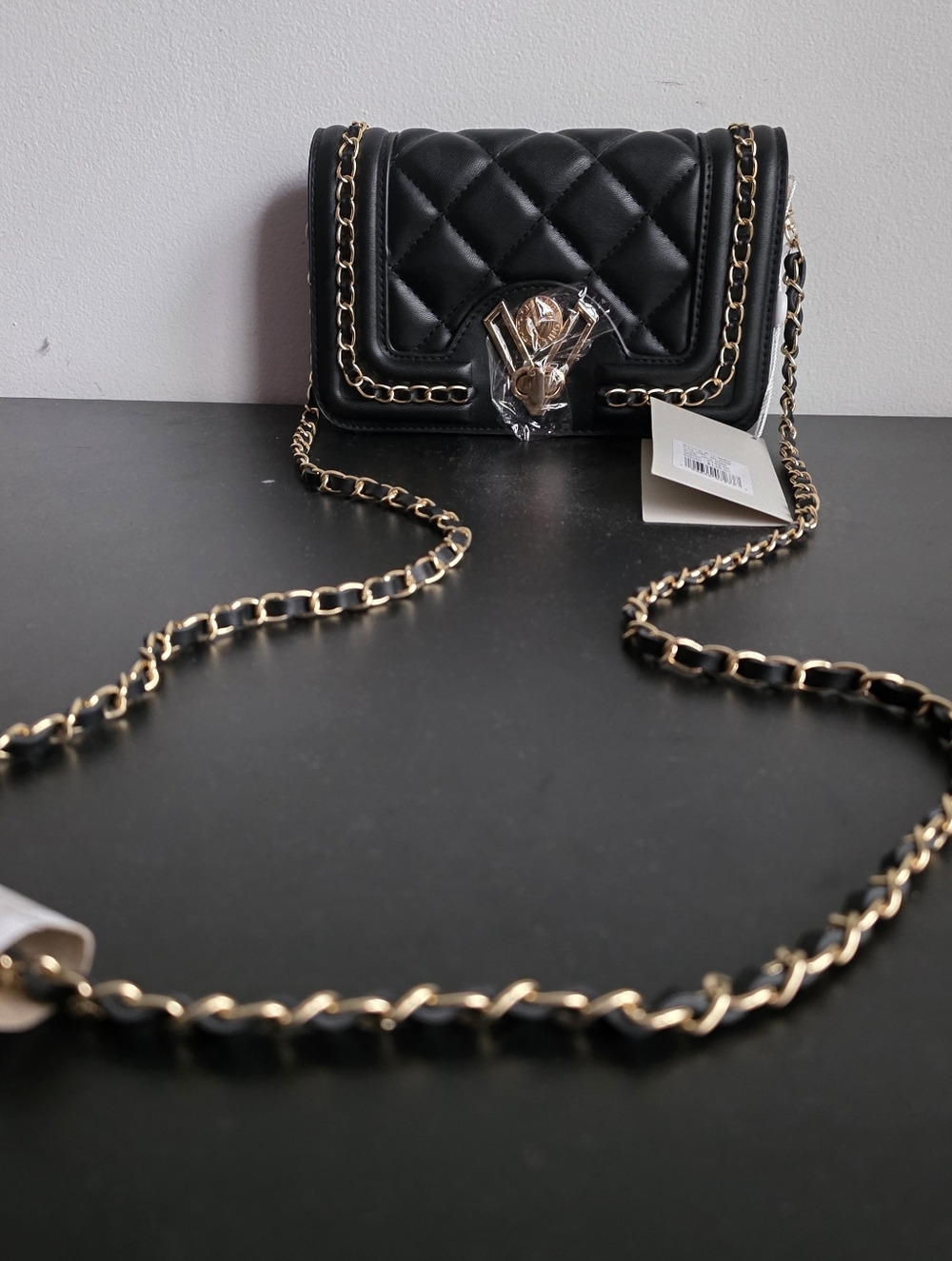 Valentino Orlandi Black Quilted Crossbody with Gold Chain